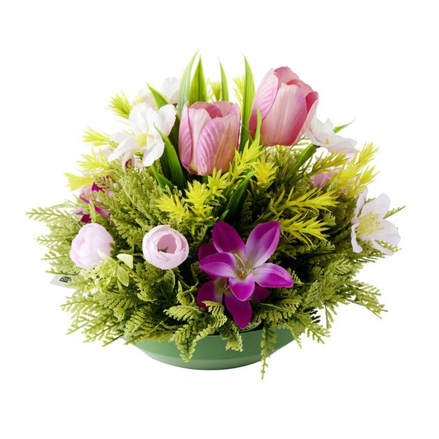Composition florale artificielle multifleur violette boule &Oslash;27xH21cm