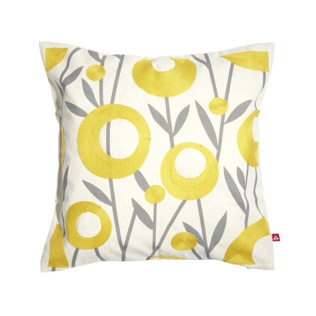 Housse de coussin imprim&eacute; floral jaune avec broderie 45x45cm