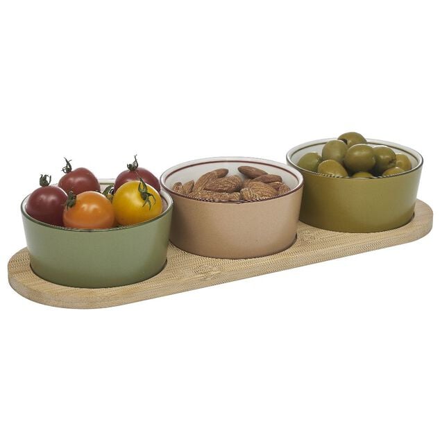 Set ap&eacute;ritif coupelle porcelaine x3 et support bambou