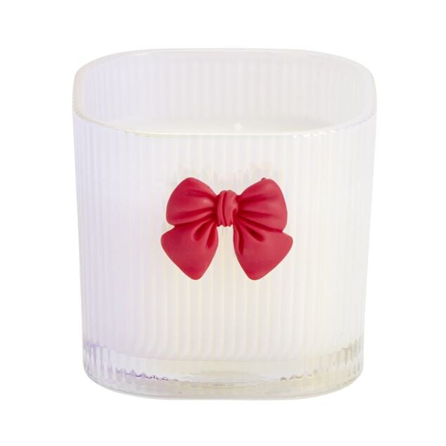 Bougie pot en verre stri&eacute; avec noeud d&eacute;coratif 7x7xH6,5cm (2 mod&egrave;les blanc ou rose)