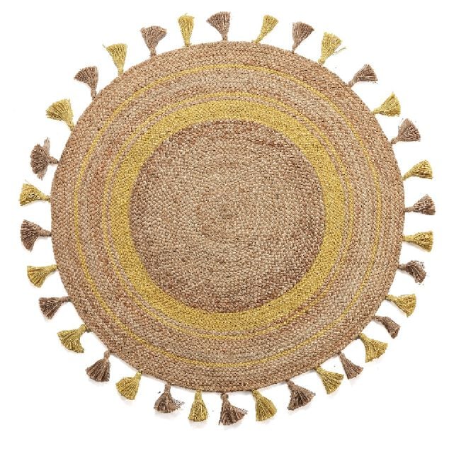 Tapis tiss&eacute; rond avec pompons naturel et jaune