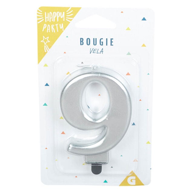 Bougie anniversaire chiffre 9 mat argent&eacute;