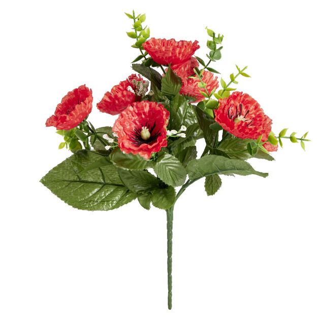 Bouquet fleurs artificielles coquelicot/eucalyptus/gypsophile 7 tiges H29cm
