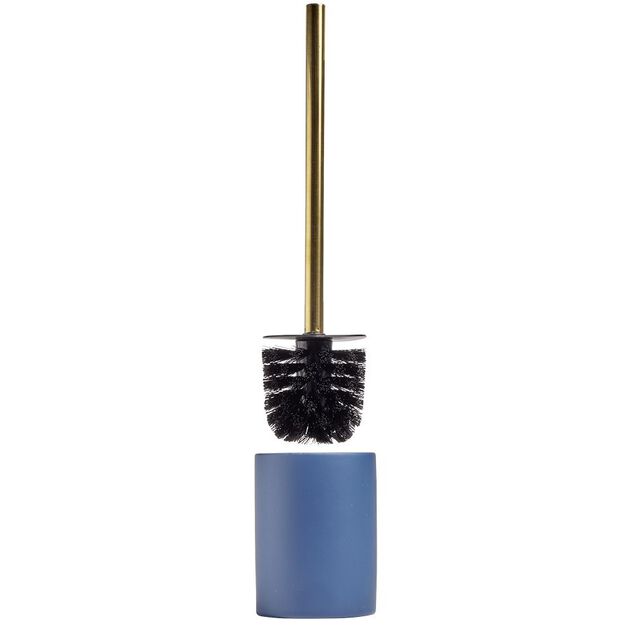 Brosse WC manche dor&eacute; socle rond gr&egrave;s bleu &Oslash;9,2xH36cm