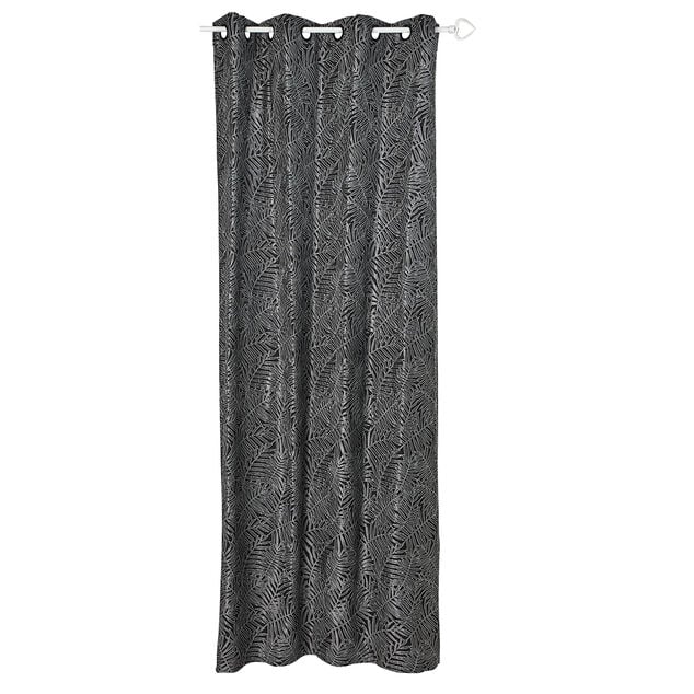 Rideau jacquard &agrave; oeillets motif feuille tropicale noir et gris