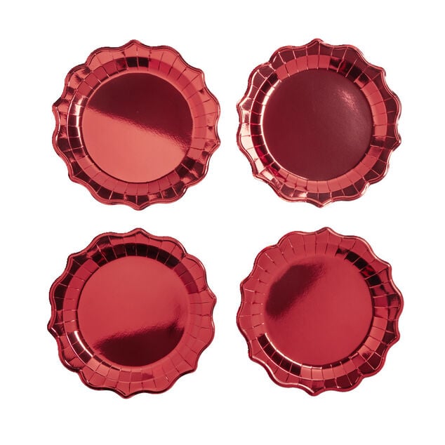 Plateau de pr&eacute;sentation rond x4 en carton m&eacute;tallis&eacute; rouge &Oslash;26cm