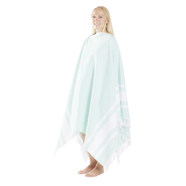 Fouta 2 personnes poncho 2en1 bleu et blanc 190x190cm emplacement parasol