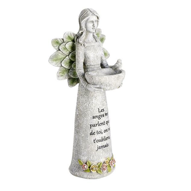 D&eacute;coration fun&eacute;raire ange LED avec inscription polyr&eacute;sine gris H40cm