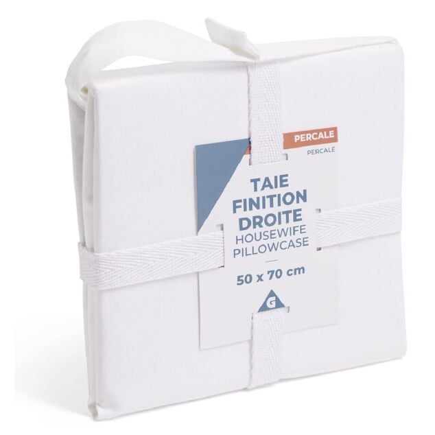 Taie d'oreiller 50x70cm 100% coton percale finition droite blanc
