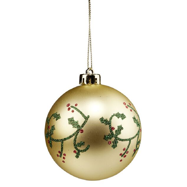 Boule de No&euml;l dor&eacute;e motif houx vert et rouge paillet&eacute; &Oslash;8cm