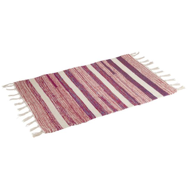 Tapis tress&eacute; &agrave; franges rayure beige et rouge 100% coton 40x60cm