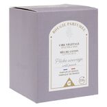 Bougie violette dans verre senteur pêche Ø7xH8cm