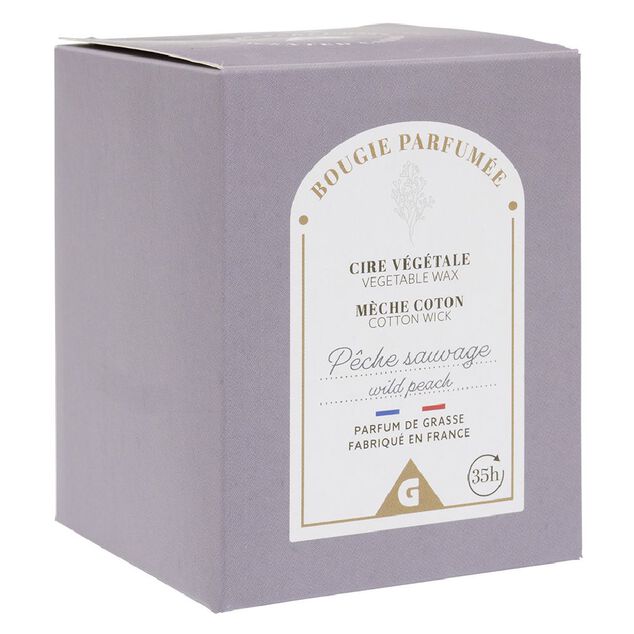 Bougie violette dans verre senteur pêche Ø7xH8cm