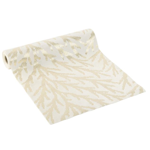 Chemin de table imitation velours imprim&eacute; branche L300X28 cm blanc et argent&eacute;
