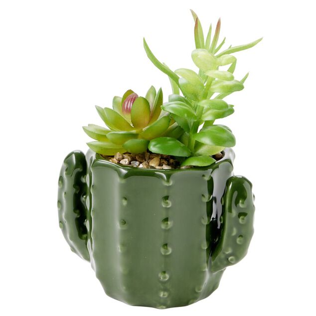 Plante artificielle dans pot forme cactus plastique vert 12x9xH17cm (2 mod&egrave;les)