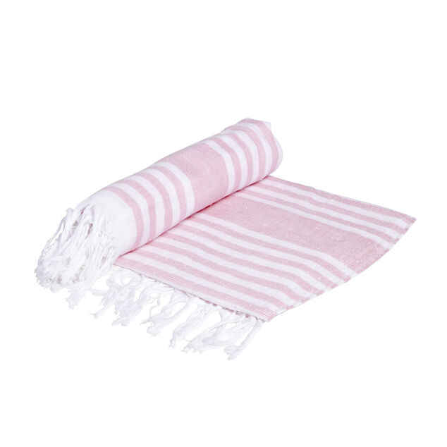 Fouta 100% coton ray&eacute;e rose et blanc 152x71cm