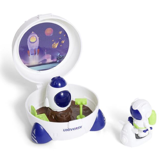 Mini astronaute avec fus&eacute;e bleu et blanc &Oslash;8xH8cm