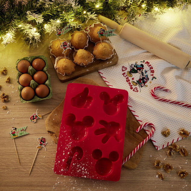 Torchon No&euml;l Disney Mickey Minnie nid d'abeille 50x70cm
