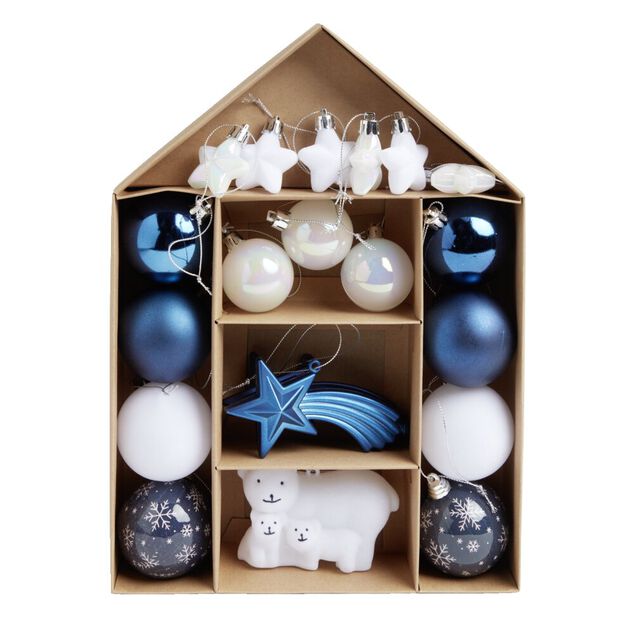 Kit d&eacute;coration sapin de No&euml;l bor&eacute;al bleu et blanc 20 pi&egrave;ces