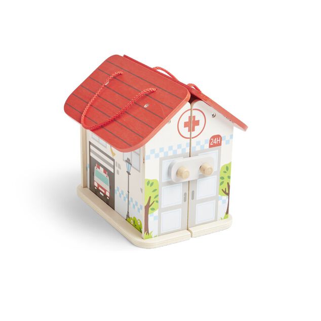 Ferme ou h&ocirc;pital ou caserne de pompiers pliable en bois 20,5x17,5xH19cm