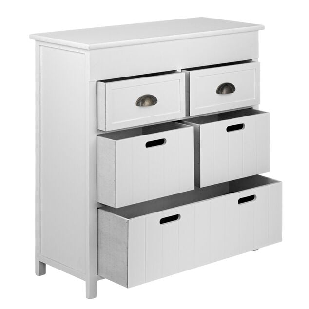 Console 5 tiroirs 2 poign&eacute;es m&eacute;tal structure bois blanc 71x29xH76cm