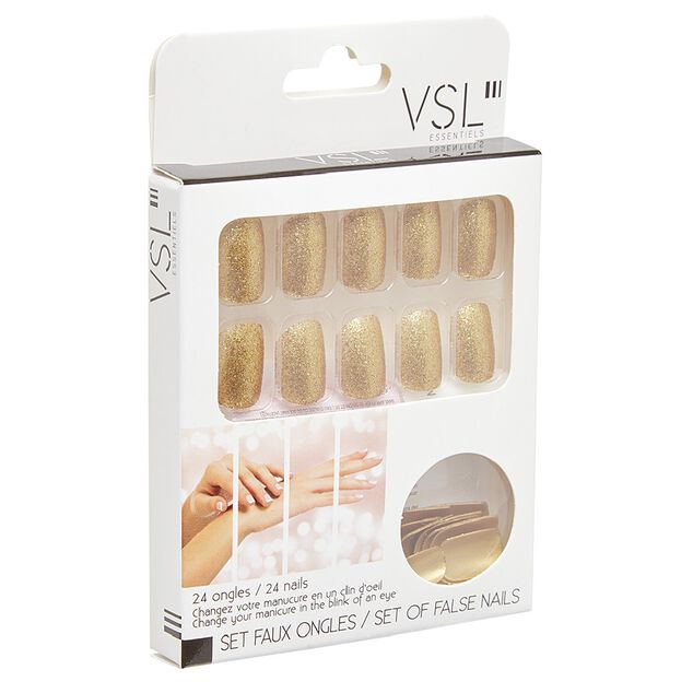 Kit faux ongles paillet&eacute;s dor&eacute;s 24 pi&egrave;ces