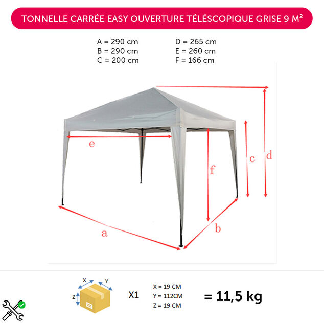 Tonnelle carr&eacute;e Easy ouverture t&eacute;lescopique grise UPF50+ 290x290xH166-265cm