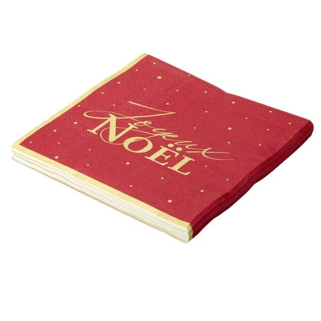 Serviette en papier 3 plis X20 pcs imprim&eacute; Joyeux No&euml;l 33X33 cm rouge liser&eacute; dor&eacute;
