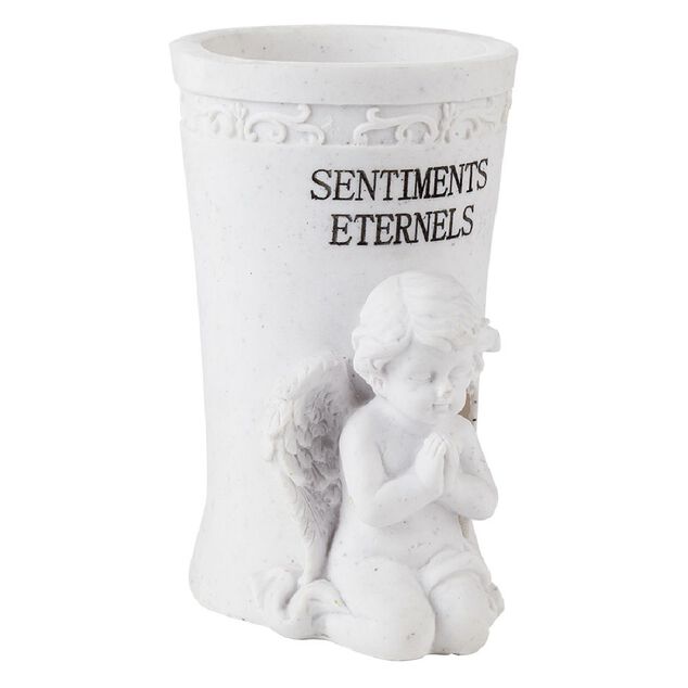 Ange fun&eacute;raire avec vase &agrave; fleurs H18 cm r&eacute;sine blanc