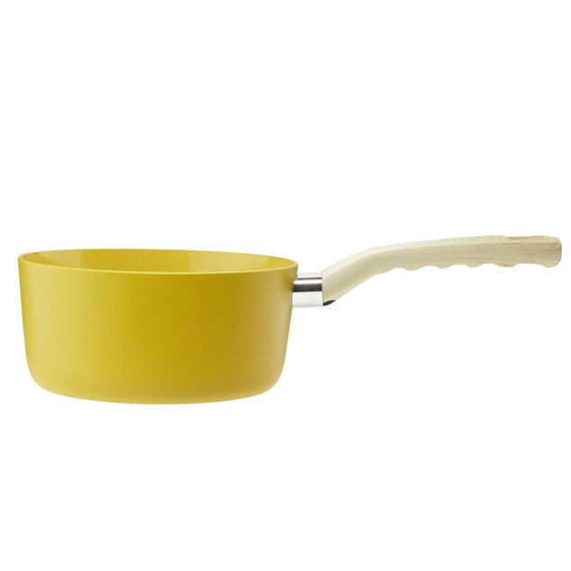 Casserole rev&ecirc;tement c&eacute;ramique jaune poign&eacute;e effet bois &Oslash;18cm