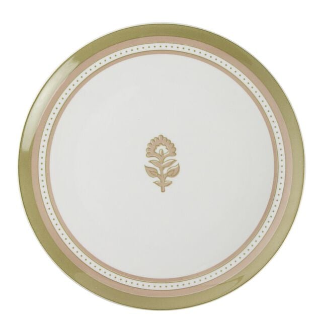 Service vaisselle porcelaine 4 personnes 12 pi&egrave;ces motif floral vert et beige