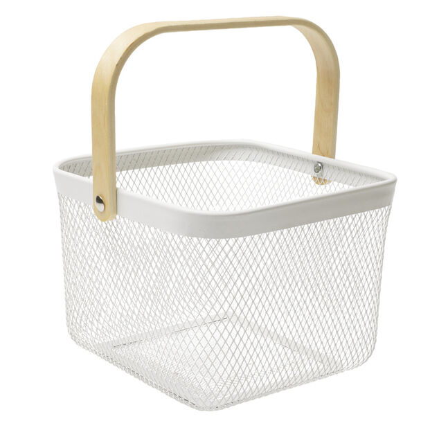 Pani&egrave;re en m&eacute;tal blanc perfor&eacute; et poign&eacute;e en bois 26x24xH17,5cm