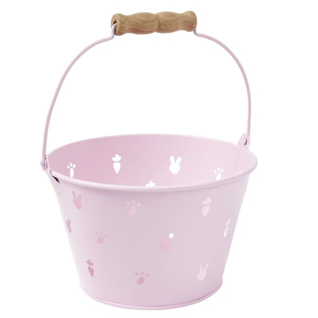 Seau perfor&eacute; d&eacute;cor lapin m&eacute;tal pastel et poign&eacute;e bois &Oslash;16xH10cm (3 mod&egrave;les)