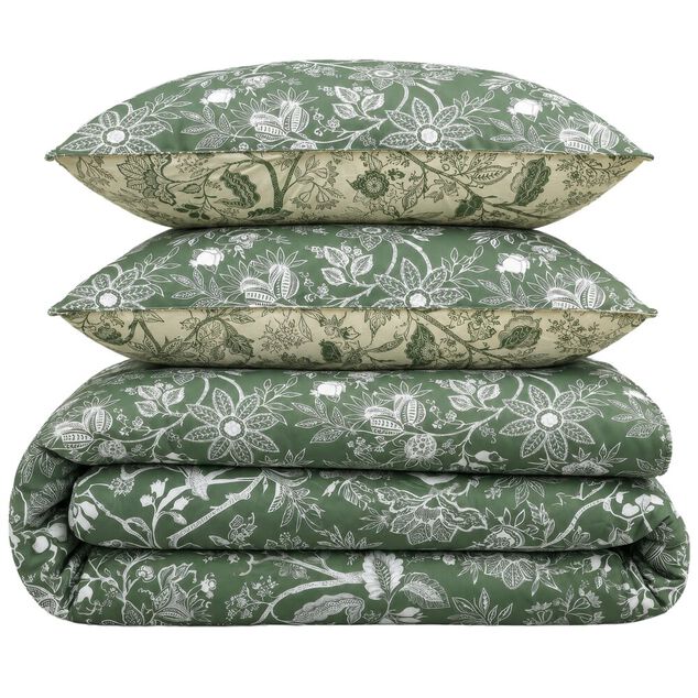 Parure de lit 2 personnes 220x240cm 2 taies 63x63cm coton floral vert