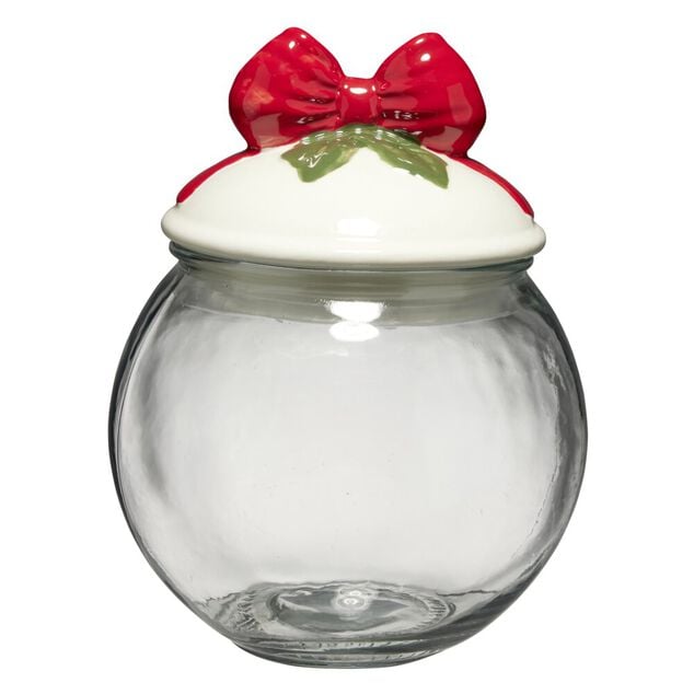 Bonbonni&egrave;re ronde verre transparent avec couvercle c&eacute;ramique noeud 1,3 L &Oslash;15XH19 cm