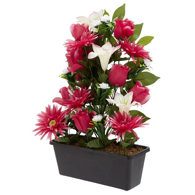 Jardini&egrave;re rose+lys+gerbera H48 cm - Fleur artificielle 28 t&ecirc;tes