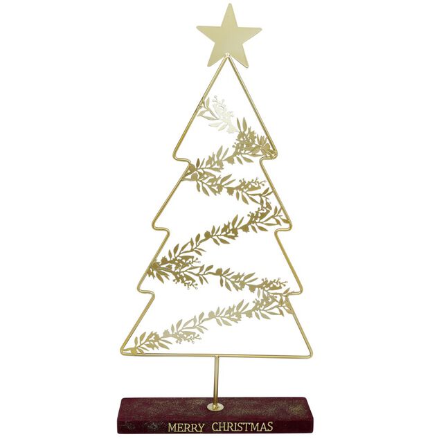 Sapin de No&euml;l sur socle Merry Christmas &agrave; poser m&eacute;tal dor&eacute; 35x10xH75cm