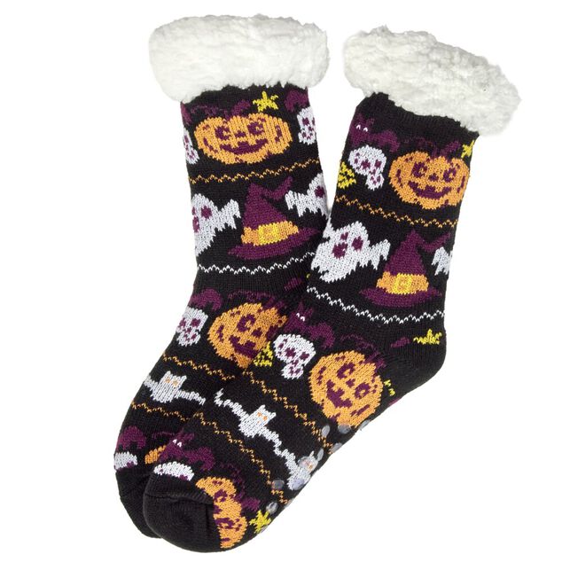 Chaussettes unisexes Halloween polaire noir et orange taille unique (2 mod&egrave;les)