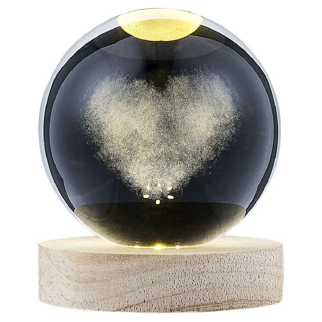 Boule de cristal grav&eacute;e socle LED th&egrave;me coeur &Oslash;9xH10cm