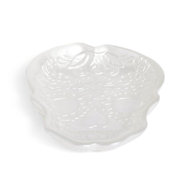 Plat Halloween t&ecirc;te de mort mexicaine en verre blanc 15x11xH2cm
