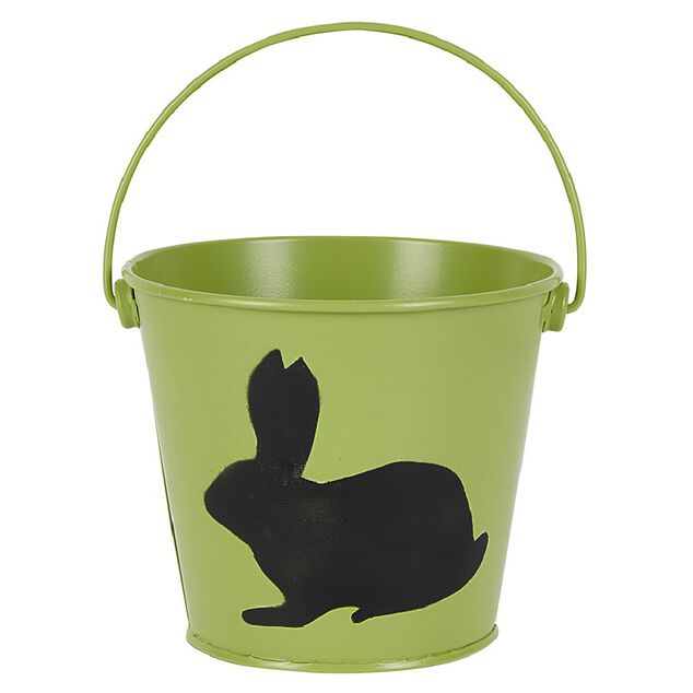Seau en métal coloré avec une ombre de lapin