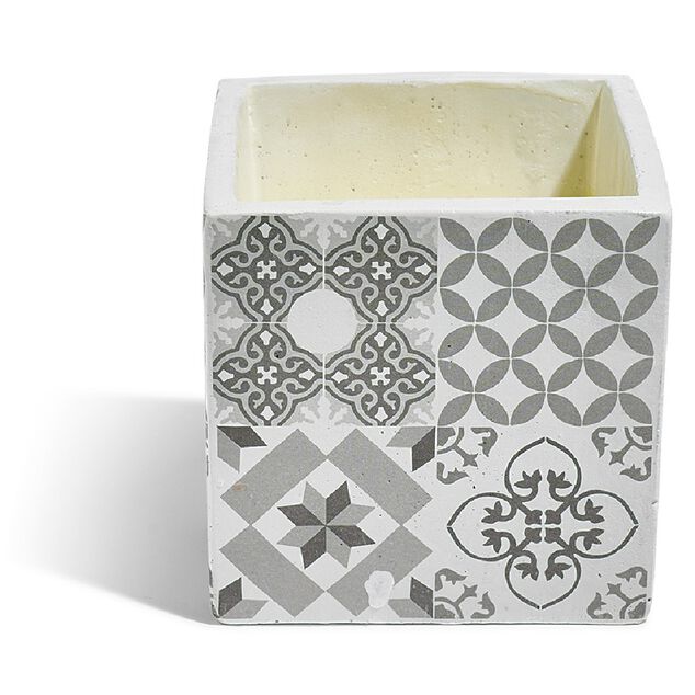 Bougie citronnelle pot ciment carr&eacute; motifs carreaux gris 11x11x11cm