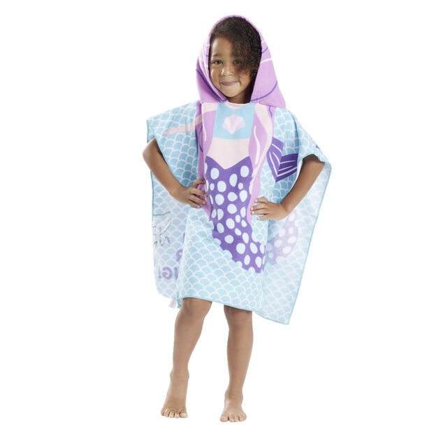 Poncho sortie de plage enfant avec capuche motif sir&egrave;ne bleu 60x60xH120cm