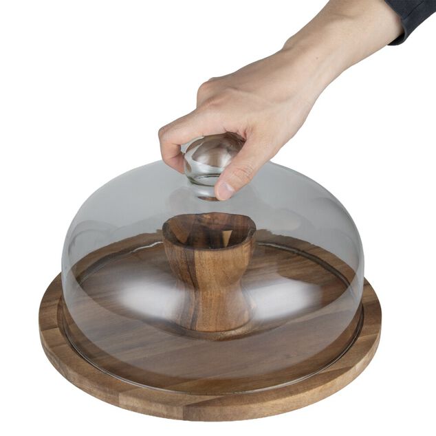 Plateau de pr&eacute;sentation bois avec cloche en verre r&eacute;versible &Oslash;30cm