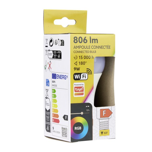 Ampoule LED connect&eacute;e couleurs changeantes RGB 180&deg; E27 806lms 9W