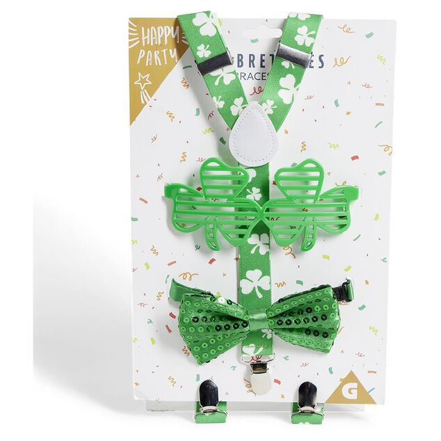 Kit bretelles, lunettes et noeud papillon Saint-Patrick vert