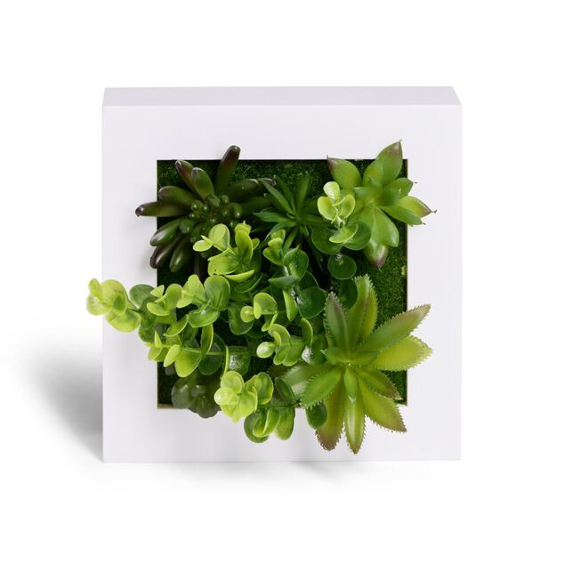 Plante artificielle d&eacute;coration murale cadre bois blanc 20x20cm