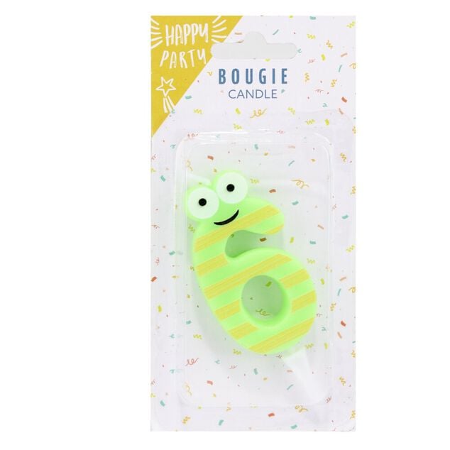 Bougie chiffre 6 cire personnage rayures vert et jaune H8,5cm