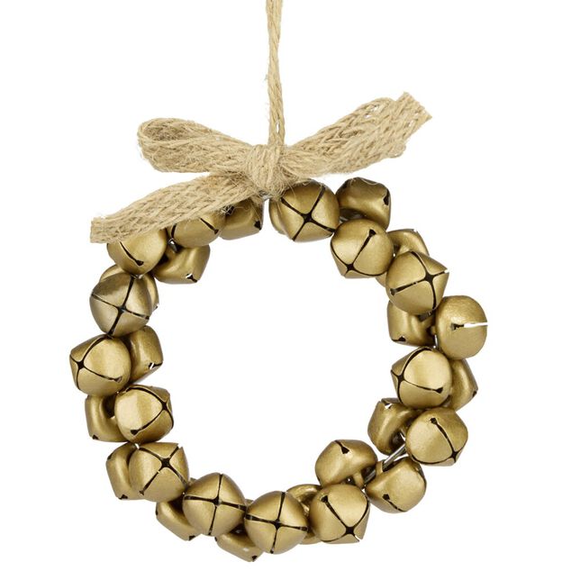 Couronne de No&euml;l &agrave; suspendre en mini grelots dor&eacute;s &Oslash;10cm