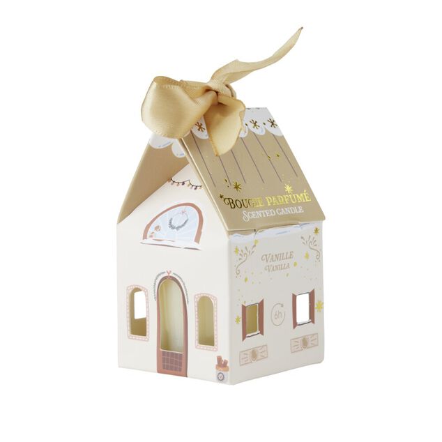 Bougie dans verre bo&icirc;te cadeau maisonnette H4,5cm (6 mod&egrave;les)